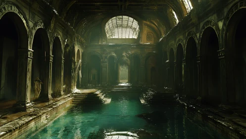 Decayed neoclassical indoor pool under diffused skylight glow