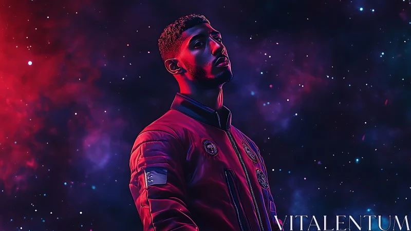 Stargazing astronaut in neon-lit cosmic nebula portrait.