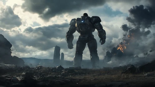 Armored mech overlooks burning battlefield under storm clouds