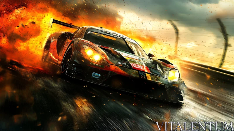 Flaming GT race car powers through rain soaked track.