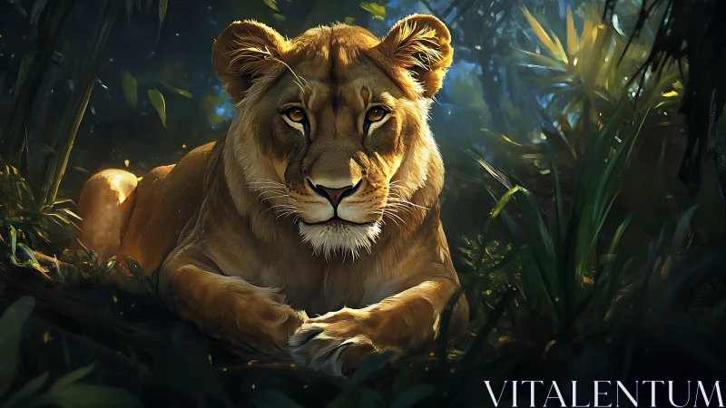 Majestic lioness rests amid verdant jungle foliage.