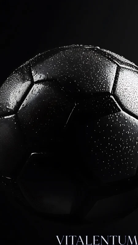 Low-key macro study of wet black football with specular highlights