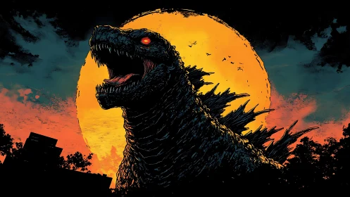 Giant reptilian silhouette stands before backlit full moon