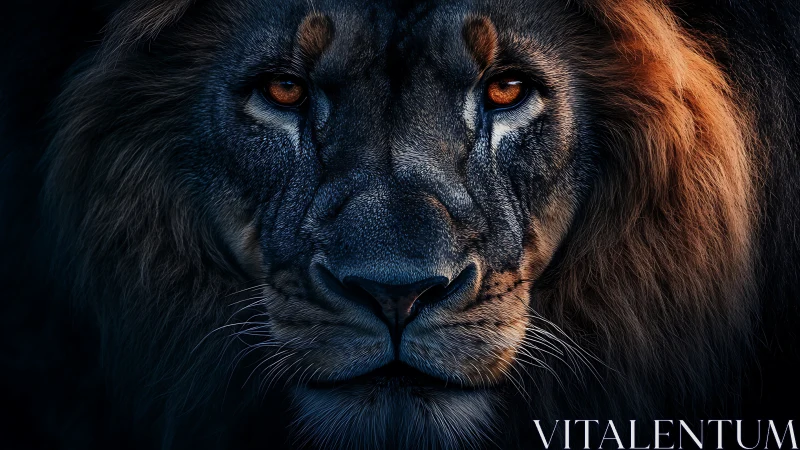 High contrast lion portrait with directional rim lighting and sharp focus