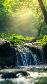 Sunlit forest brook whispers over mossy stone ledges