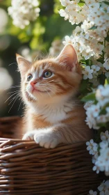 Orange Kitten Gazes Among White Spring Blossoms.