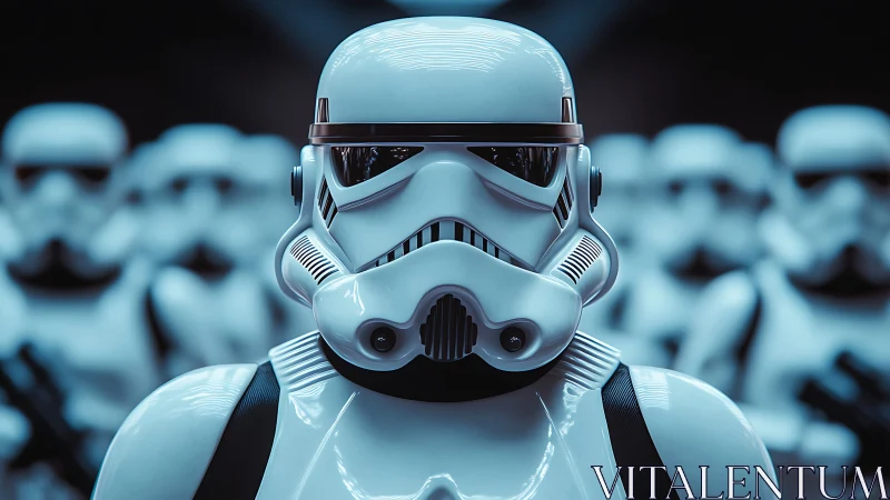 Stormtrooper helmet stands out amid uniform sci‑fi ranks.