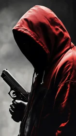 Hooded figure holds handgun in side profile against neutral backdrop