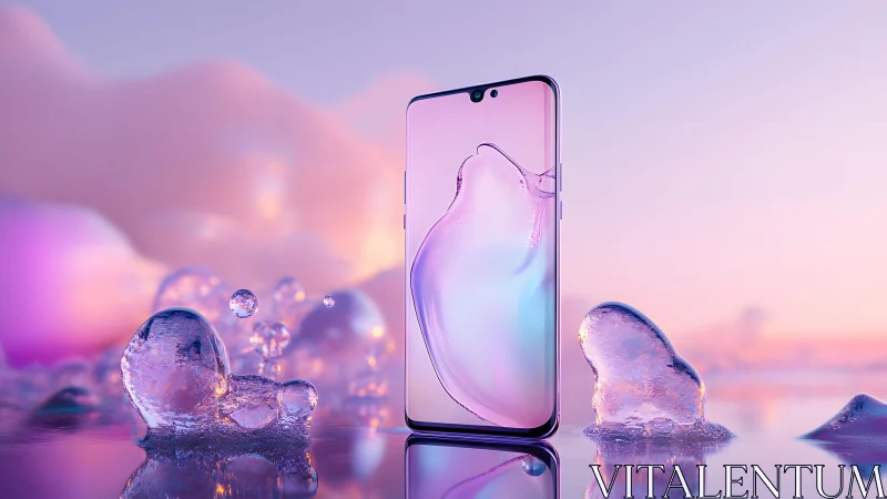 Sleek smartphone in dreamy pastel setting with melting ice forms.