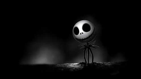 Skeletal cartoon figure in moody monochrome spotlighted darkness.
