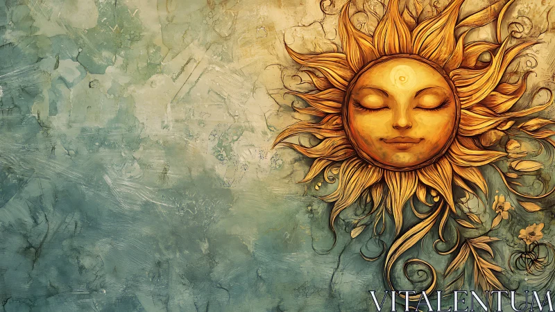 Serene sun face illustration on textured teal wall background.