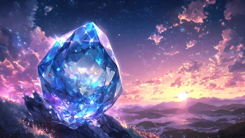 Luminous crystal sunrise over dreamy misty valleys.