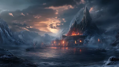 Volcanic fortress ignites frozen coastline under storm sky