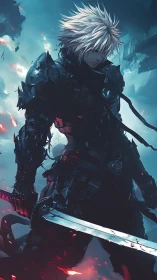 White haired cyber knight holding bloodstained blade.