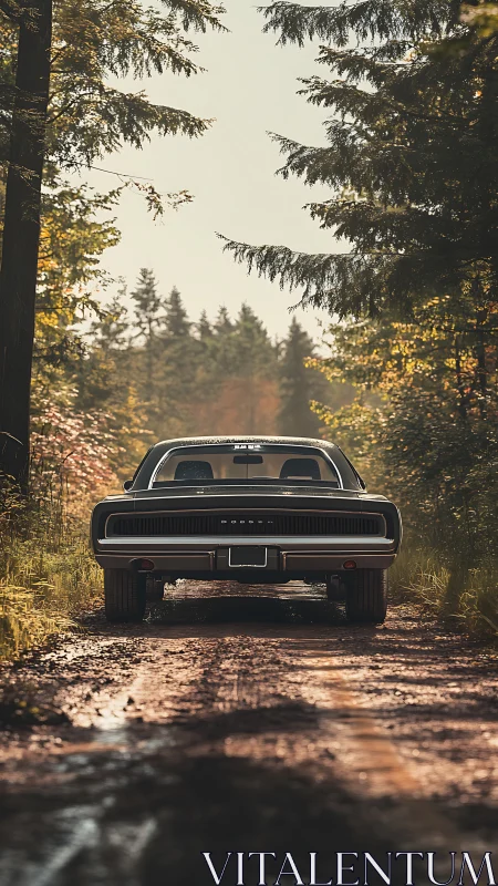 Rear-view study of classic Dodge muscle car on forest track.