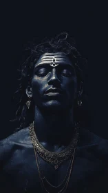 Divine blue figure in chiaroscuro with ornate golden jewelry.