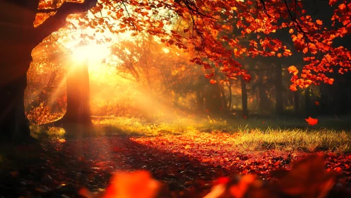 Sunlit forest path with dense autumn foliage at dawn.
