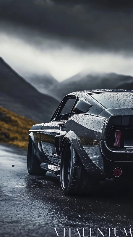 Classic muscle car resting on a rain soaked mountain road.