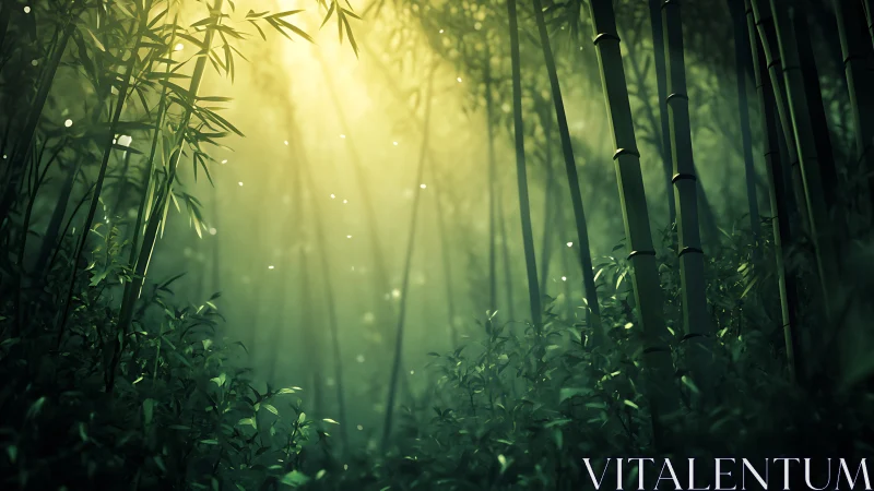 Digital painting of luminous bamboo grove with misted depth.