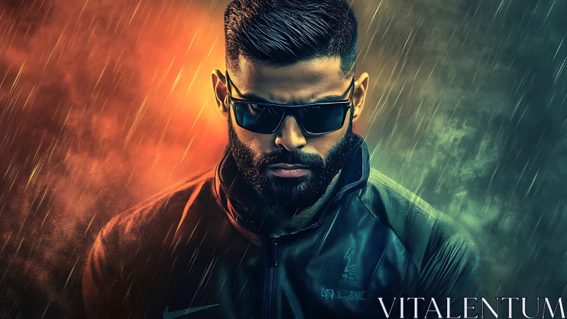 Moody urban hero in glowing rain and bold neon light.