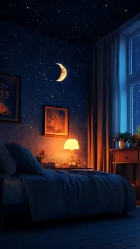 Moonlit bedroom under starry ceiling with warm lamplight.
