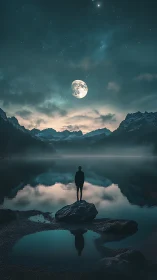 Moonlit wanderer pausing on the lake’s quiet silver mirror.