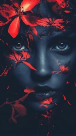 Midnight bloom visage wrapped in ember-bright petals.