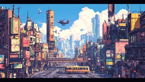 Futuristic urban avenue with transit and midair vehicles.