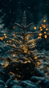 Snow-covered conifer tree with warm string lights at night.