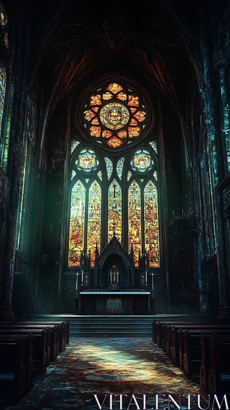 Gothic nave with irradiated stained glass altar illumination.