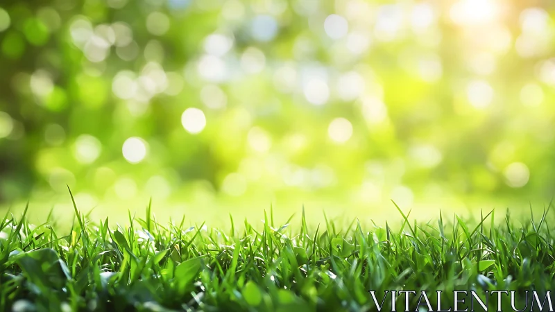 Lush Green Grass Close-Up with Soft Sunlight and Bokeh Background.