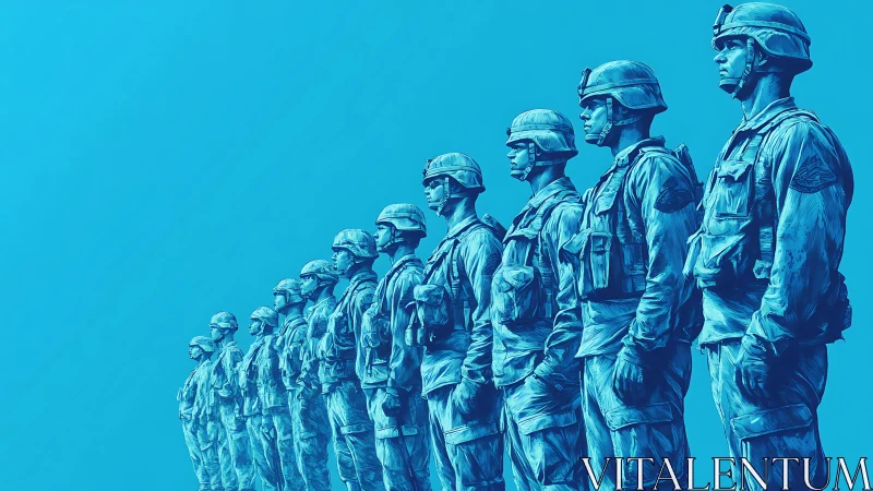 Monochrome formation of digitally rendered soldiers in linear perspective