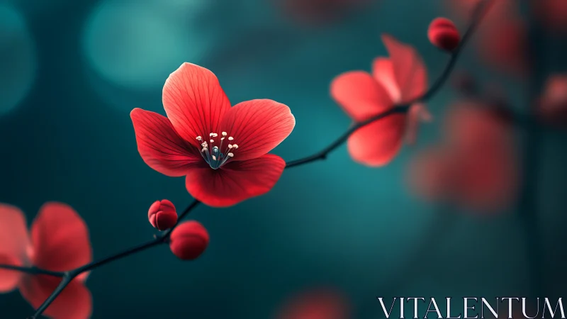 Red Blossoms Against Teal Background. Macro Photography.