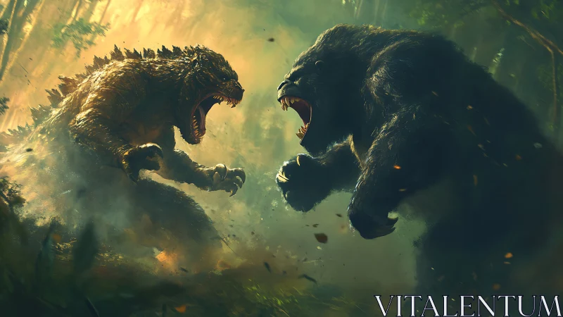 Colossal reptilian beast and giant bear clash in forest storm