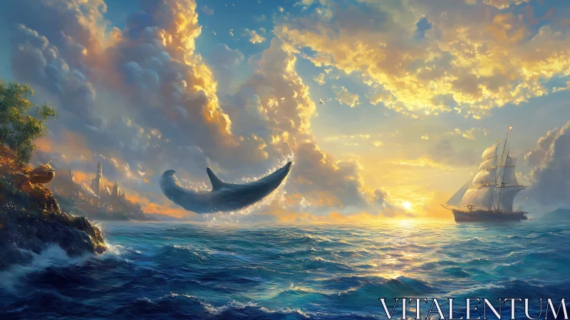 Whale breaching seascape with sailing ship at sunset.