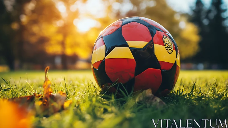Sunlit soccer ball resting in glowing autumn park grass.