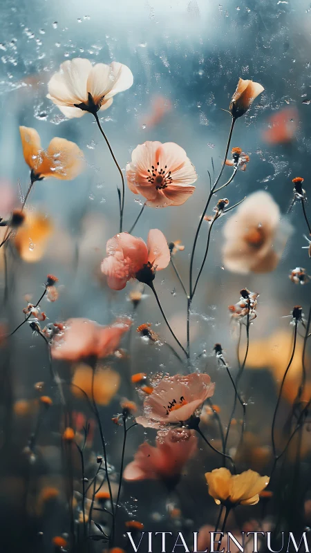 Delicate florals suspended in soft bokeh with atmospheric water droplets