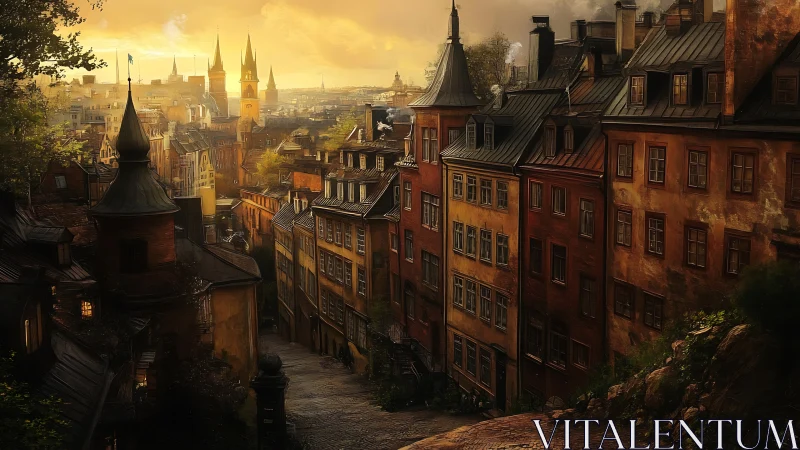 Golden hour over a winding old-world city street.