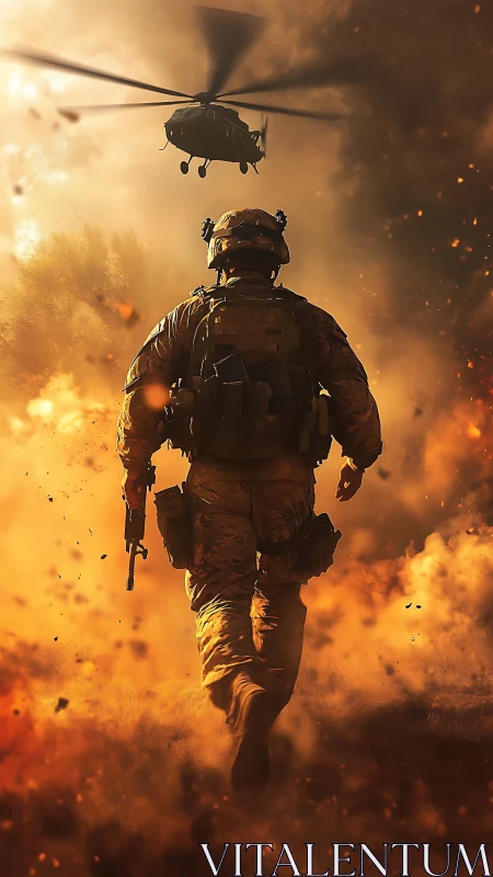 Brave soldier strides forward through firelit battlefield smoke