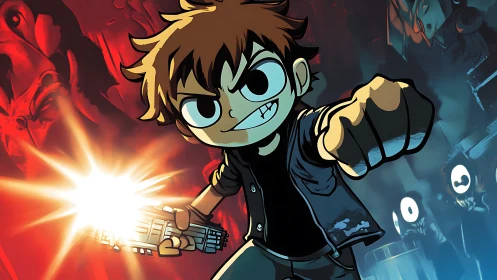 Dynamic comic hero with energy weapon in split-color arena.