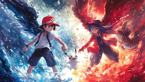 Dual trainers command water and fire in dynamic clash.