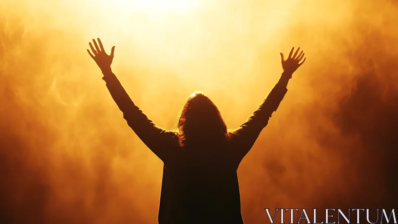 Silhouette worshipper raises arms into radiant golden backlight.