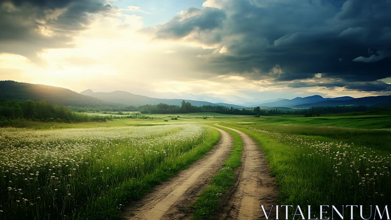 Country dirt road across green meadow toward distant hills.