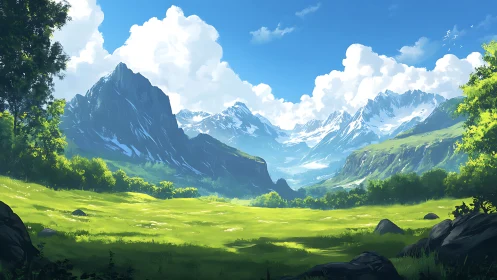 Sunlit alpine valley with receding snow-capped mountain range.