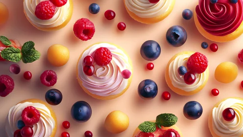 Colorful berry cupcakes form bright overhead dessert pattern