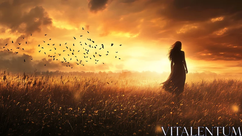 Silhouetted figure stands in backlit field under dense sunset sky