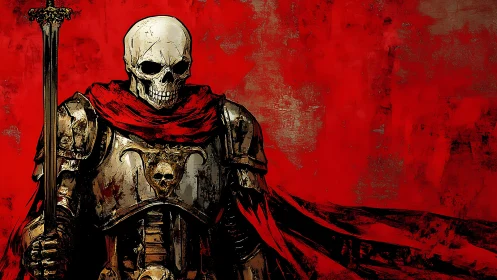 Skeletal armored figure stands before a textured red field