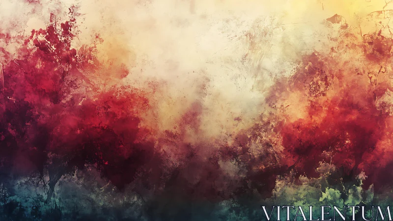 Abstract landscape with vibrant red foliage and textured brushstrokes.