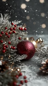 Macro study of frosted red bauble amid bokeh lit winter foliage
