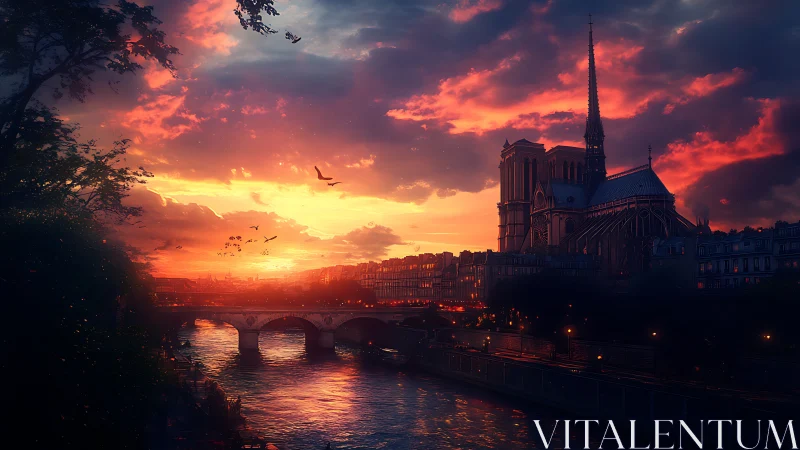 Dramatic sunset sky ignites cathedral and riverfront cityscape